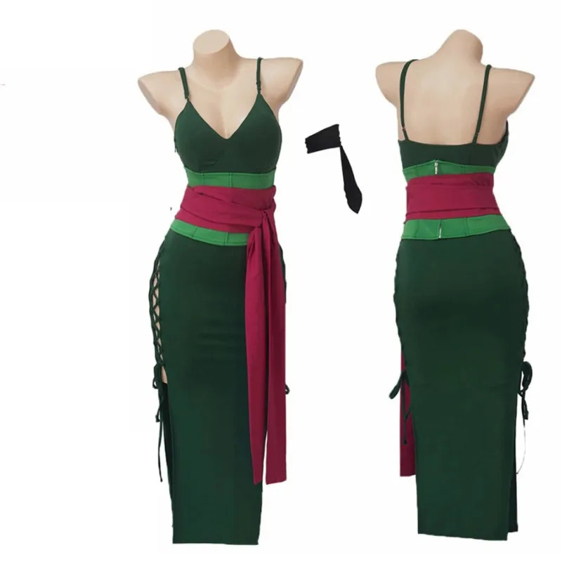 Anime Zoro Cosplay Female - ชุดคอสเพลย์โรโรโนอา โซโล จากอนิเมะวานโอ คันทรี ชุดเดรสผู้หญิงพร้อมเข็มขัด ชุดเซ็ตเต็มสำหรับผู้หญิง