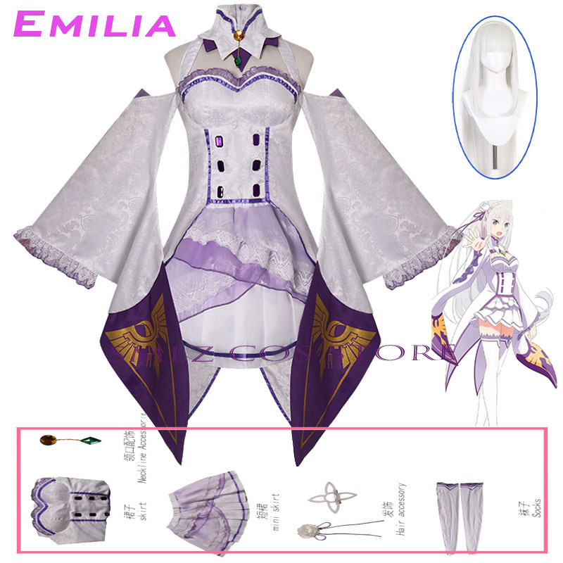 Anime Cosplay Dress For Women - เอมิเลียคอสเพลย์อะนิเมะเรซีโร่ คาร่า ฮาจิเมรุ อิเซไค เซียคัตสึชุดเครื่องแต่งกายสีขาวชุดวิกผมชุดปาร์ตี้ฮาโลวีนชุดสำหรับผู้หญิง