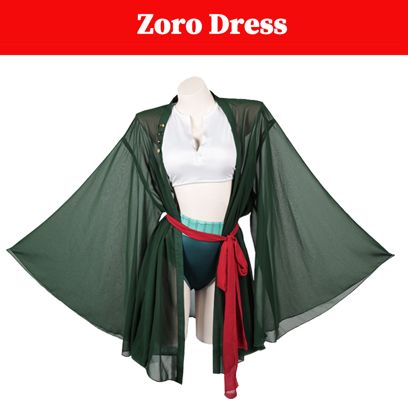 Anime Zoro Cosplay Female - ชุดคอสเพลย์โจรสลัดหญิง โรโรโนอา โซโล ชุดแฟนซีสำหรับผู้หญิง กระโปรง เสื้อคลุมสีเขียว