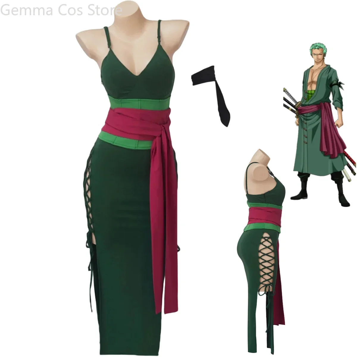 Anime Zoro Cosplay Female - ชุดคอสเพลย์อนิเมะโรโรโนอา โซโล รุ่นผู้หญิง สีเขียว ชุดเดรสสายเดี่ยวเซ็กซี่พร้อมเข็มขัด ชุดแฟนซีสำหรับงานคาร์นิวัลและฮาโลวีน