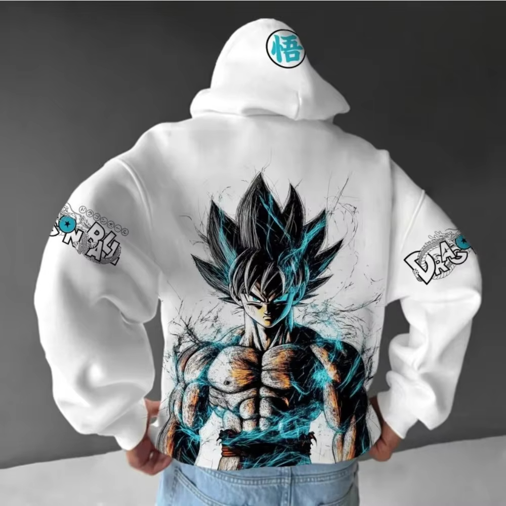 Dragon Ball Saiyan Armor - เสื้อฮู้ดดราก้อนบอลสำหรับผู้ชาย ฤดูใบไม้ร่วงและฤดูหนาว ปี 2025 ลายอนิเมะ สไตล์สตรีทลำลอง